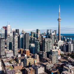 Aerial view of Toronto cityscape showing Downtown buildings on a sunny day in Toronto, Ontario, Canada.